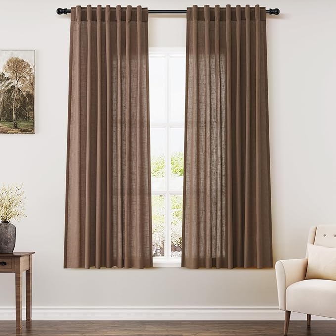 Nanspring Caramel Brown Linen Curtains 63 Inches Length 2 Panels Set for Living Room Back Tab Pocket Light Filtering Semi Sheer Drapes Elegant Farmhouse Cotton Linen Textured Window Curtain 52X63