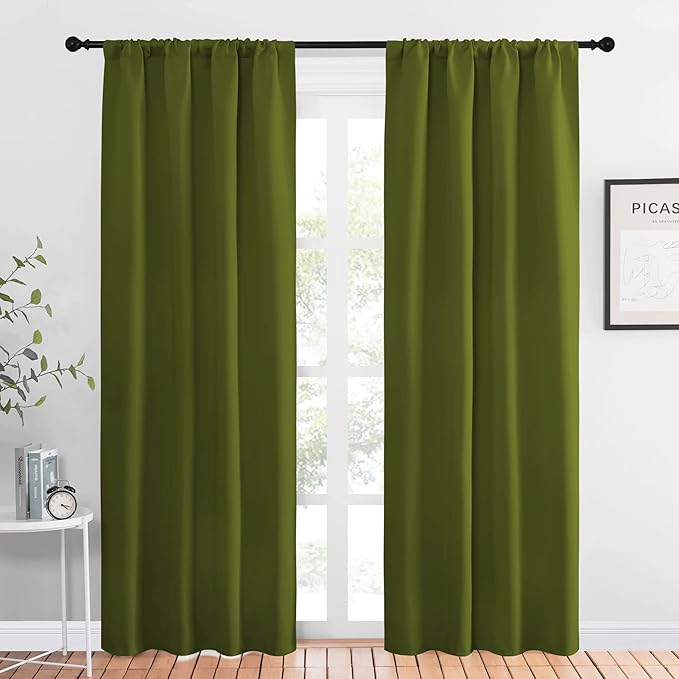 NICETOWN Christmas Decoration Blackout Curtain for Kitchen Window, Function Thermal Insulated Blackout Panels for Bedroom, 1 Pair, Olive Green, Rod Pocket Style, 42 by 84 inches