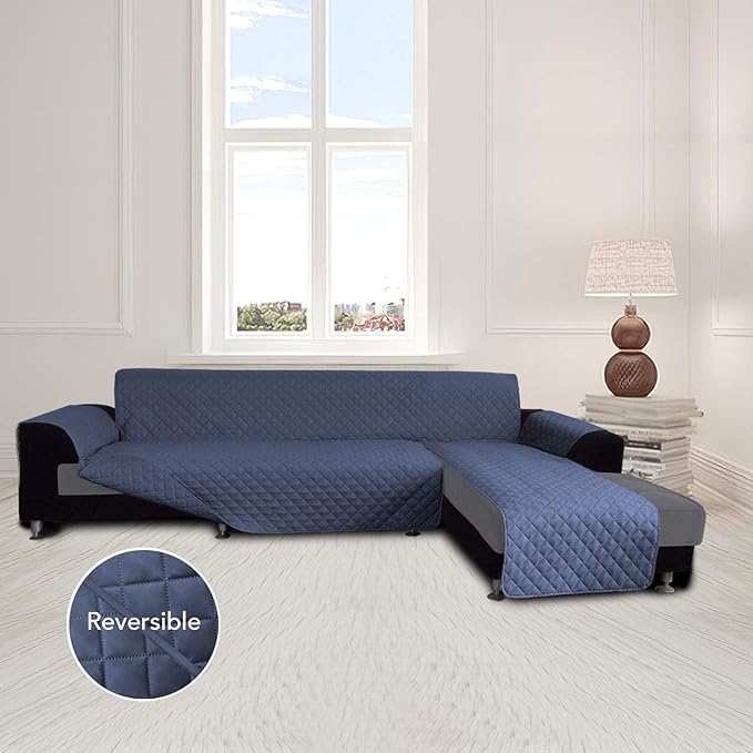 Easy-Going Slipcover for L-Shape & Sectional Couches - Reversible Chaise Lounge Cover - Dog & Cat-Proof Furniture Protector (Large, Dark Blue)