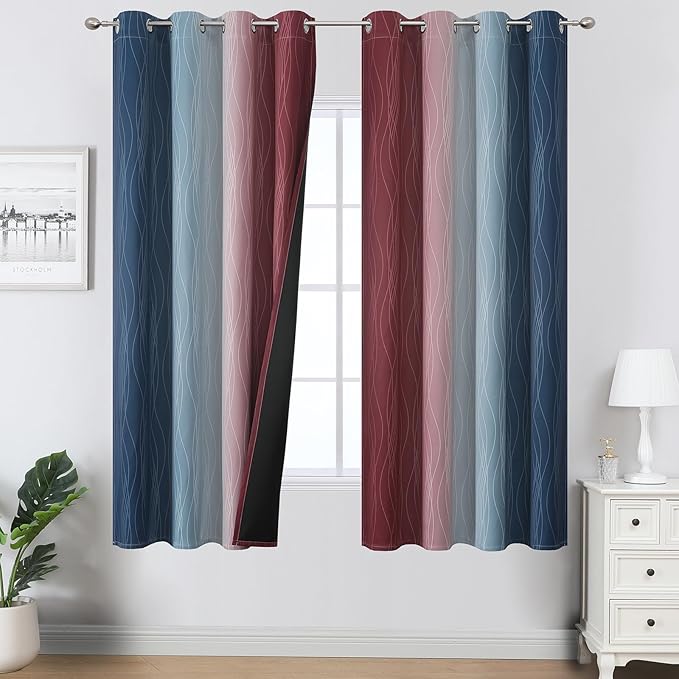 Estelar Textiler Navy Blue and Burgundy Red Blackout Ombre Curtains for Bedroom 63 Inches Long, Gradient Light Blocking Thermal Insulated Grommet Drapes for Living Room,52Wx63L,2 Panels