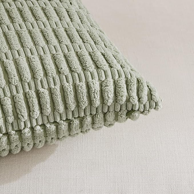 Fancy Homi 4 Packs Sage Green Decorative Throw Pillow Covers 26x26 Inch for Living Room Couch Bed Sofa, Rustic Farmhouse Boho Home Decor Soft Plush Striped Corduroy Square Cushion Case 66x66 cm