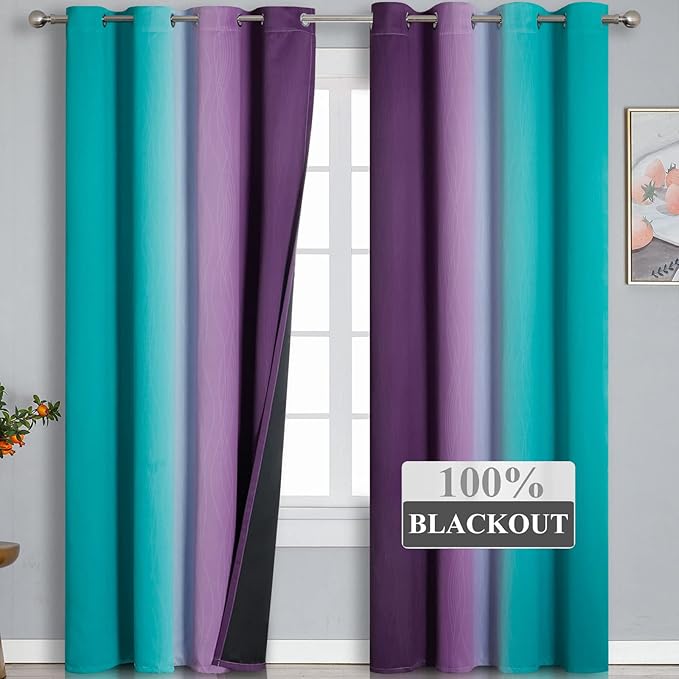 Estelar Textiler Ombre Purple Blackout Curtains 96 Inches Long, Teal Curtains for Living Room, Grommet Thermal Insulated Gradient Drapes, Full Light Blocking Curtains for Bedroom,52x96 Inch, 2 Panels
