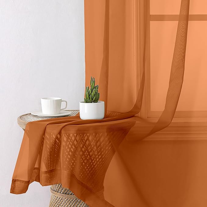 Aiyufeng Orange Sheer Curtains 72 Inch Length 2 Panels Set, Light Filtering Airy Rod Pocket Orange Window Curtain Treatment Drapes for Kitchen Bedroom Living, Each 42Wx72L Inches