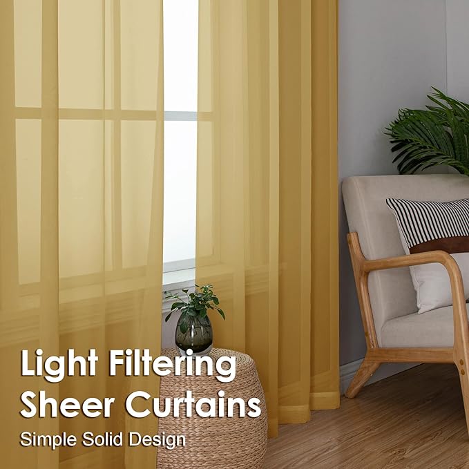 OVZME Gold Sheer Curtains 78 Inches Long 2 Panels - Soft Light Filtering Window Sheer Panels for Living Room/Bedroom, Top Dual Rod Pocket, 1 Pair, Each 42Wx78L Inches