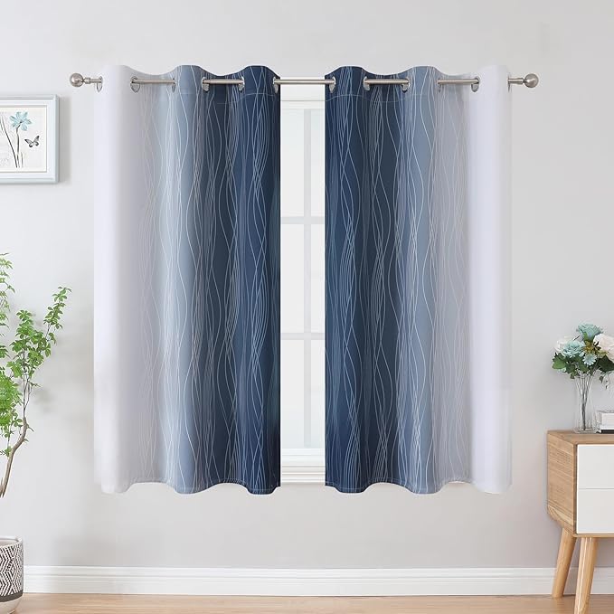 Estelar Textiler Navy Blue and Greyish White Blackout Curtains 45 Inch Length, Light Blocking Gradient Drapes for Kitchen, Thermal Insulated Grommet Ombre Curtains for Bathroom,42Wx45L,2 Panels