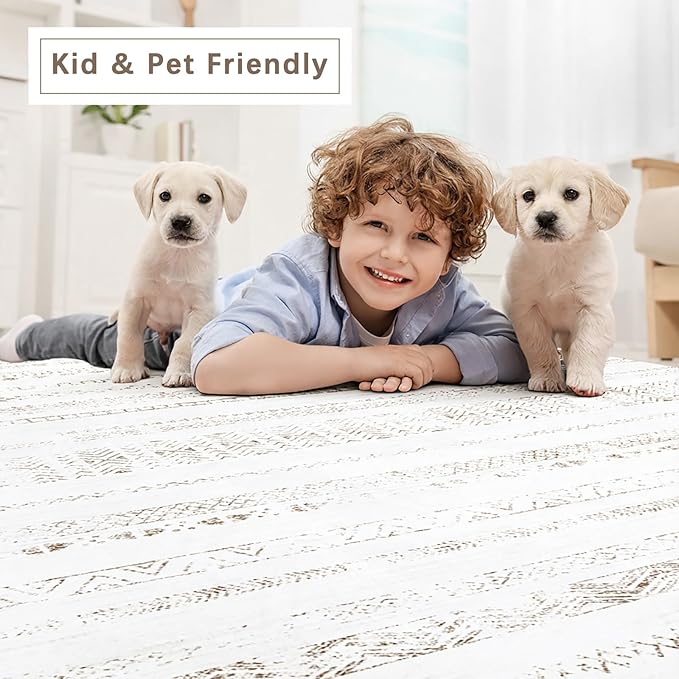Moroccan Washable Rugs 8x10 Area Rugs for Living Room,Bedroom,Dining Room- Large Ultra Soft Faux Wool Retro Carpet,Non Slip&Non-Shedding Low Pile Vintage Print Rug-(Light Brown-White)