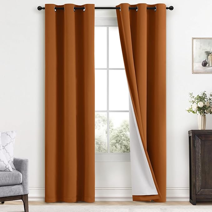 Yakamok Room Darkening 100% Blackout Curtains Grommet Window Treatments with 2 Thick Layers-Burnt Orange Thermal Insulated Drapes Set of 2 Panels for Bedroom Living Room 38 Inches by 84 Inches Length