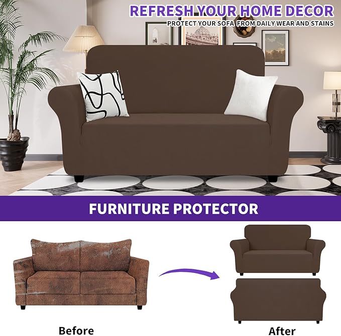 ZNSAYOTX Super Stretch Loveseat Covers (57"-70"), New Striped Love Seat Slipcover, Dogs Pet Friendly Anti-Slip Couch Protector Spandex Durable 2 Seater Fabric Sofa Cover (Coffee, Loveseat)