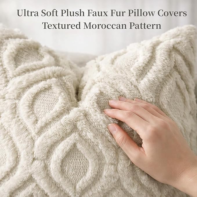 decorUhome Throw Pillow Covers 18x18 Inch Set of 2, Soft Plush Faux Wool Beige Solid Couch Pillow Covers, Accent Farmhouse Neutral Square Pillow Cases for Sofa Bed Living Room