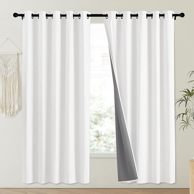 NICETOWN 100% Absolutely Blackout Linen Curtains with Thermal Insulated Liner, Greyish White, 62" Wide, 72" Length Energy Saving Curtains for Playroom 2 Panels Set, Vertical Blinds