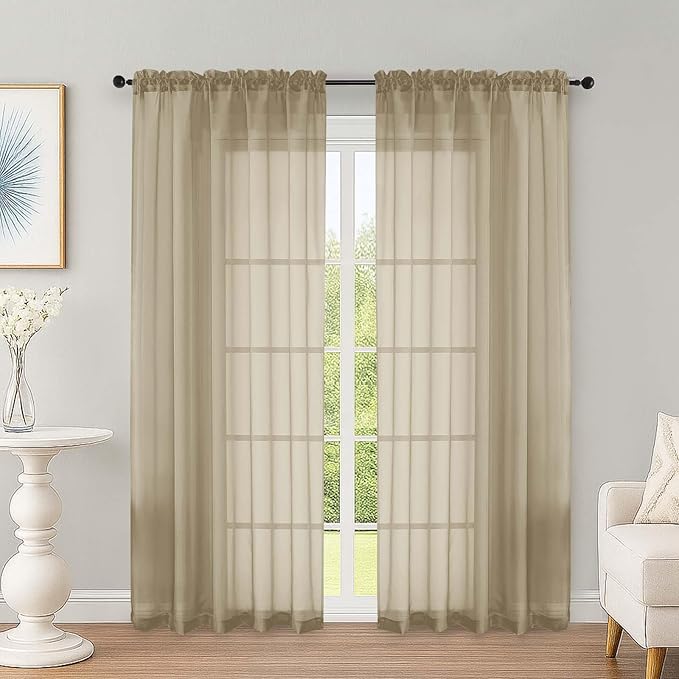 OWENIE Taupe Sheer Curtains 72 Inches Long 2 Panels Set, Transparent Voile Sheer Curtain for Living Room Bedroom Window Sliding Glass Door Treatment, 59 x 72 Inch, Taupe
