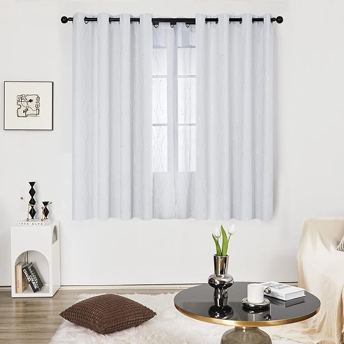 Deconovo Room Darkening Curtains, Greyish White Curtain, Thermal Insulated Noise Reduced Drapes, Silver Wave Dots Print, 52 x 63 Inch Long, Machine Washable Window Panels for Kitchen Bedroom, Set of 2