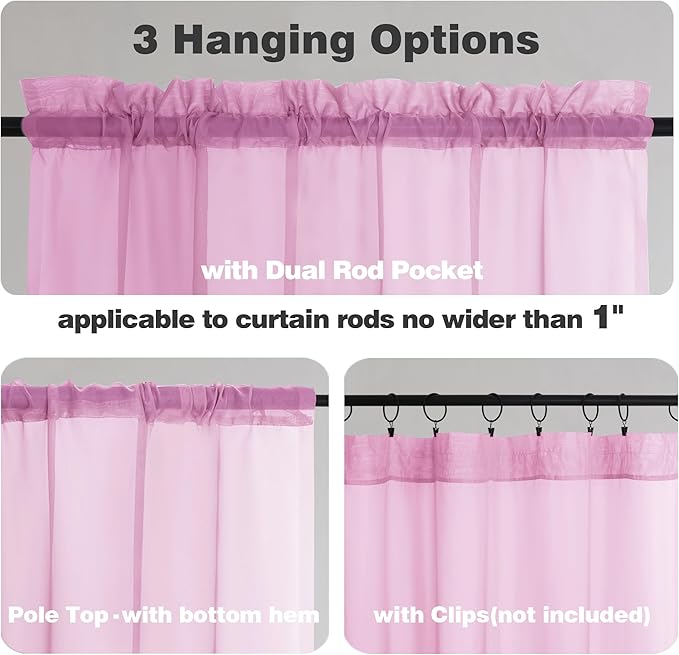 Chyhomenyc Pink Curtains Over Sink 36 Inch Length 2 Panels, Light Filtering Short Rod Pocket Voile Sheer Drapes for Bathroom Living Room Small Windows, Each 42W x 36L inches