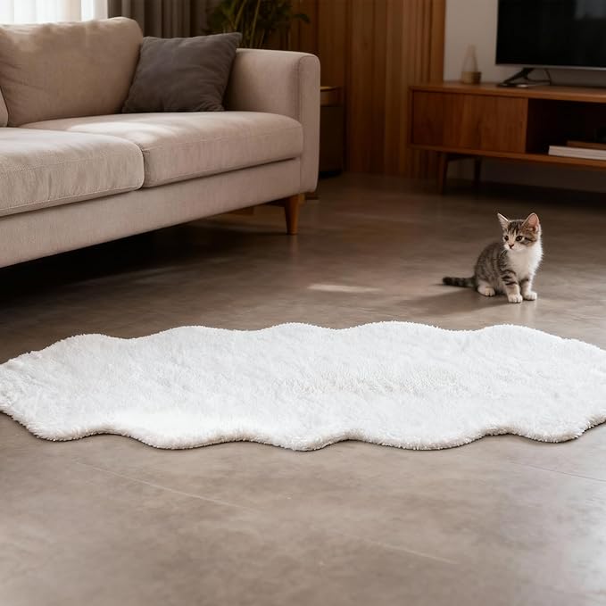 ThreadGlobe Fluffy Faux Rabbit Fur Rug Runner 2'x6', Ultra Soft & Non-Slip Rugs for Bedroom, Living Room, Nursery, No Shedding Machine Washable Rug, White, 2x6 Ft