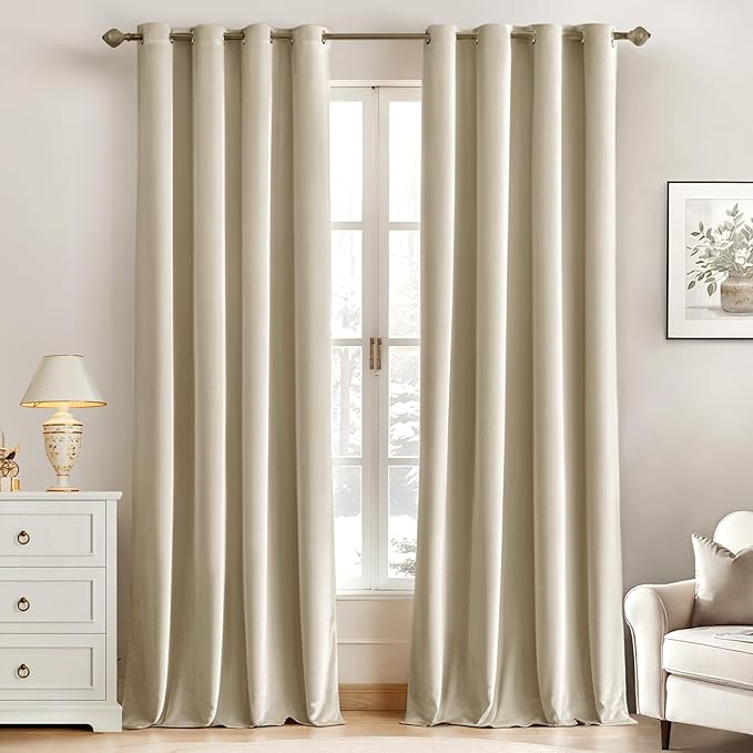MIULEE Velvet Curtains Beige Elegant Grommet Curtains Thermal Insulated Soundproof Room Darkening Black Out Curtains/Drapes for Classical Living Room Bedroom Decor 52 x 108 Inch Set of 2