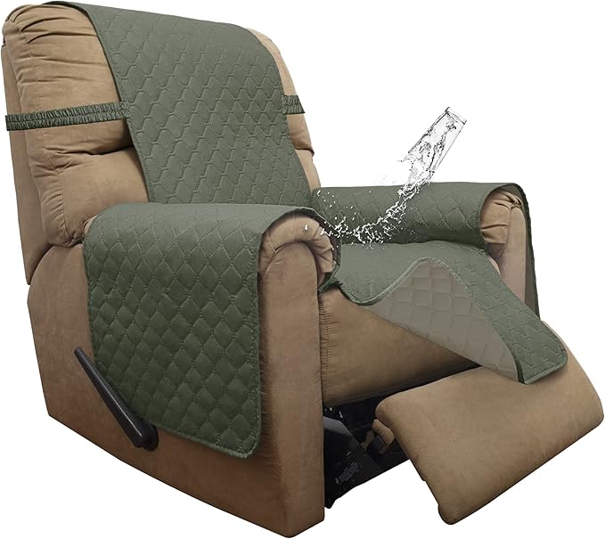 ISSUNTEX Double Protection 100% Waterproof Recliner Covers for Living Room, Reversible Furniture Protector Recliner Couch Sofa Slipcover for Dogs, Pets, Kids (Recliner, Greyish Green/Beige)