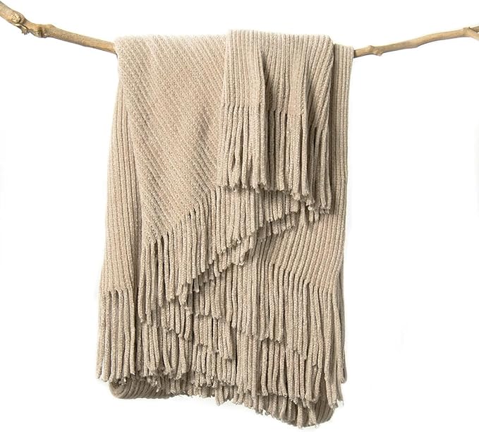 lifein Throw Blanket for Couch, Soft Boho Decor Bed Throw,Cozy Beige Knitted Chenille Small Farmhouse Lightweight Throw(Beige,50 * 60")