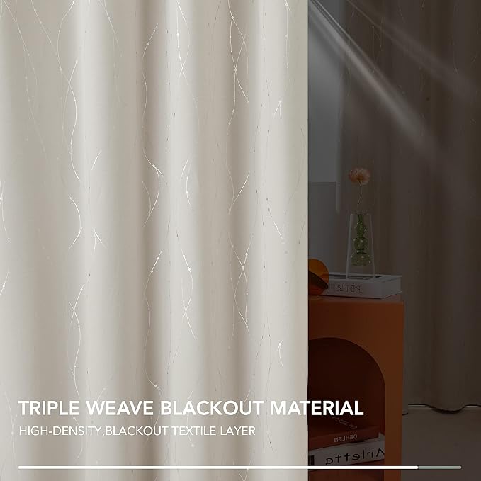 Deconovo Beige Blackout Curtains, Room Darkening Curtain, Thermal Insulated Soundproof Drapes, Silver Wave Dots Print, 38 x 84 Inch, Machine Washable Window Panels for Living Room Bedroom, Set of 2