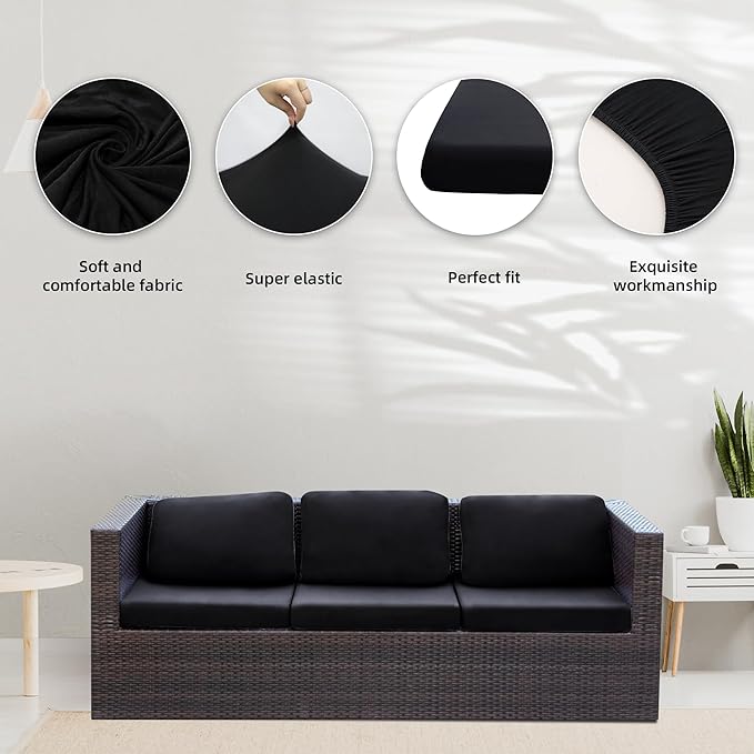 8Pcs Stretch Patio Cushion Covers,Outdoor Couch Covers Replacement,Outdoor Couch & Sofa Slipcovers,for Patio Furniture Cushion Covers,Washable Reusable Furniture Protector (Black, Cover Only)