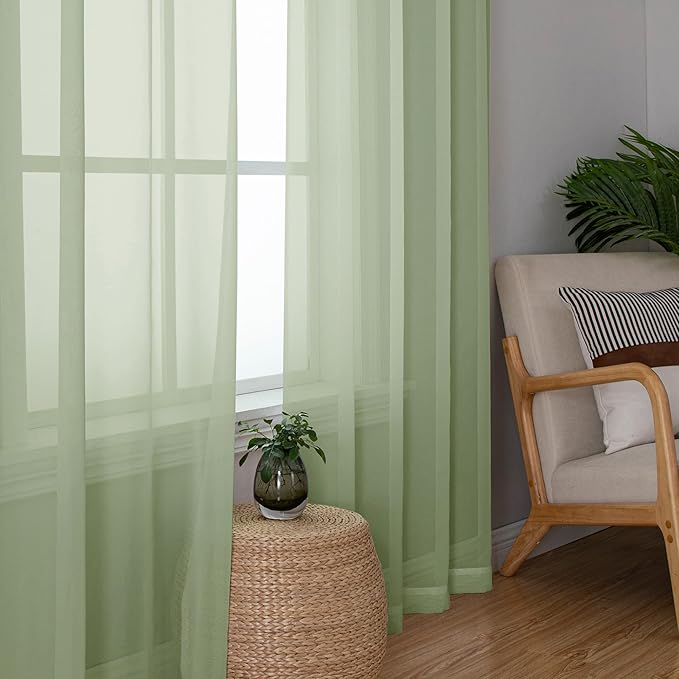 Chyhomenyc Light Green Sheer Curtains 36 inch Length 2 Panels Set, Light Filtering Voile Short Window Curtians for Bathroom Living Room Farmhouse Small Windows, Each 42Wx36L in, 2PCS