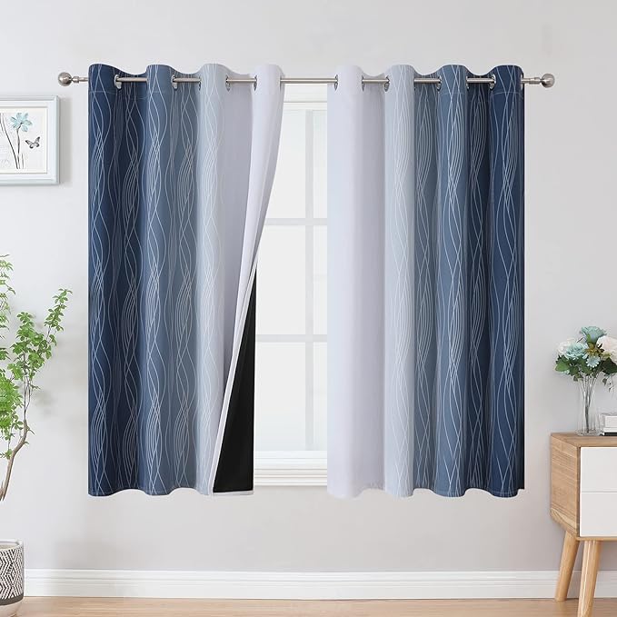 Estelar Textiler Full Room Darkening Greyish White and Navy Blue Blackout Curtains 54 Inch Length 2 Panels Set,Ombre Thermal Insulated Full Light Blocking Grommet Blackout Drapes for Kitchen,52Wx54L
