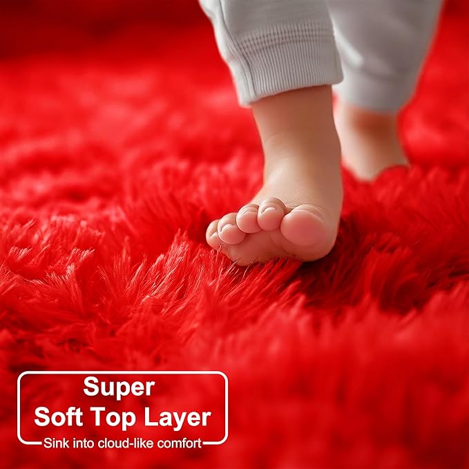 Red Circle Round Rug 7Ft for Living Room Bedroom, Large Fluffy Shag Area Rugs for Kids Room Decor Aesthetic, Fuzzy Plush Fur Carpets for Nursery Classroom, Red Carpet, Indoor Furry Rugs for Teen Boys