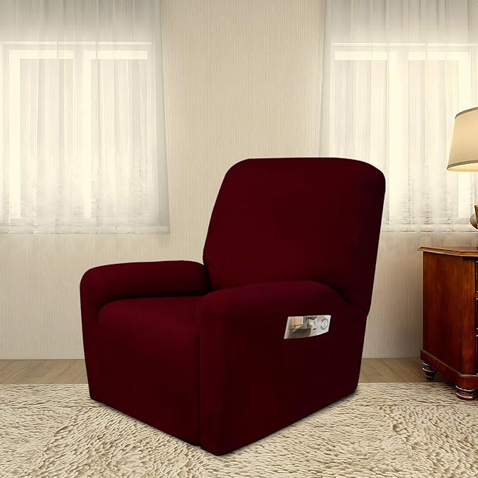 PureFit Super Stretch Chair Sofa Slipcover with Pocket – Spandex Non Slip Soft Couch Sofa Cover, Washable Furniture Protector with Elastic Bottom for Kids, Pets （Recliner, Wine）