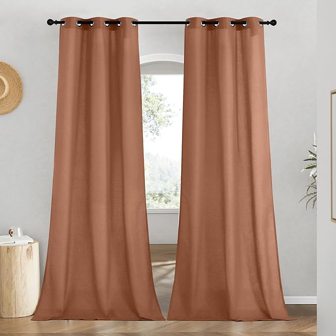 NICETOWN Caramel Linen Curtains for Kitchen, Thick Flax Small Window Treatments Semi Sheer Privacy Assured with Light Through for Cafe/Bathroom, W42 x L84, 2 Panels