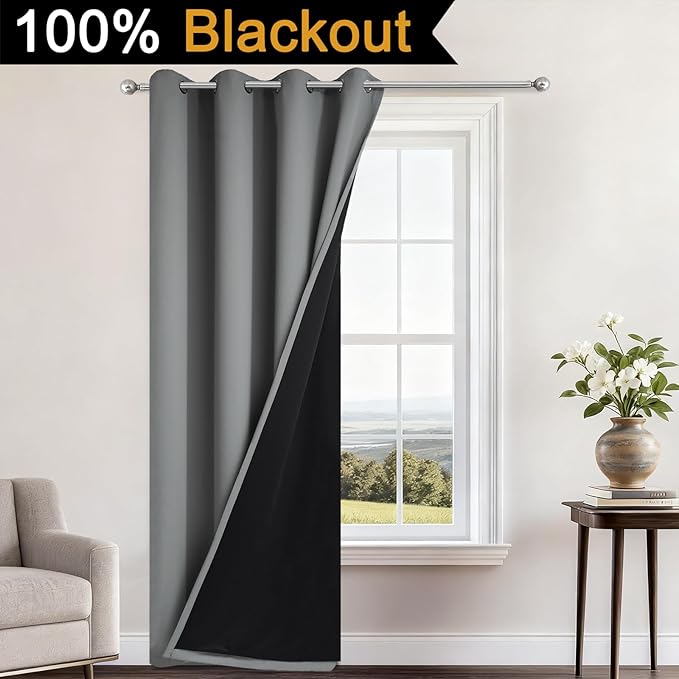 Yakamok 100% Blackout Curtains 96 Inches Long, 2 Thick Layers Heat and Full Light Blocking Soft Thermal Insulated Drapes for Bedroom(52" Wide Each Panel, Grey, 1 Panel)