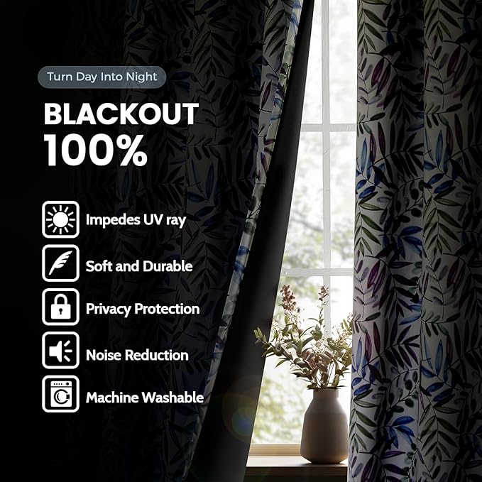 SimpleHome 100% Blackout Curtains for Bedroom, Floral Curtains 84 inches Long Purple Green Blue Drapes Grommet 2 Panels Set Leaf Patterns