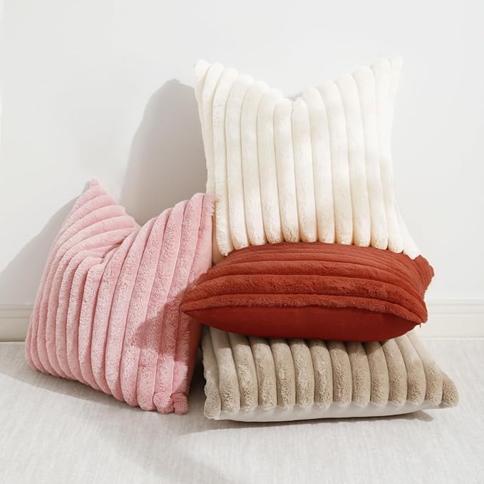 decorUhome Cozy Faux Fur Throw Pillow Covers 20x20 Set of 2 Decorative Soft Plush Striped Modern Farmhouse Boho Couch Pillow Cases with Velvet Back for Sofa Bed Living Room, Rust