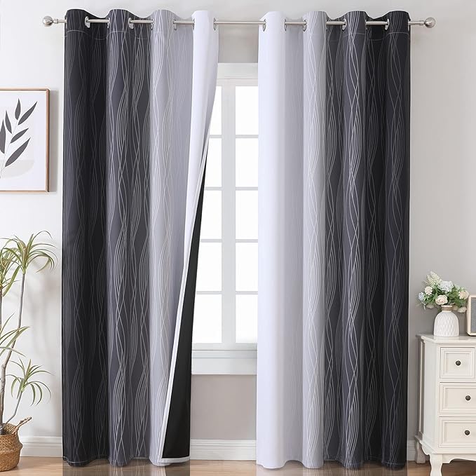 Estelar Textiler Thermal Insulated Blackout Curtains for Bedroom, Ombre Black and Greyish White Blackout Drapes for Living Room, Gradient Full Light Blocking Energy Saving Curtains, 52Wx96L, 2 Panels
