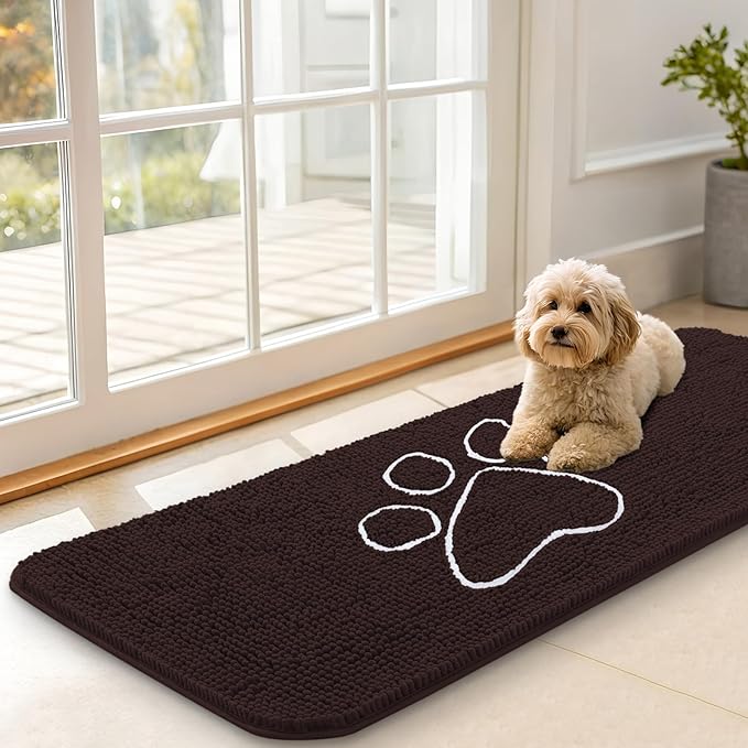OLANLY Dog Door Mat for Muddy Paws 47x17, Paw Print Design, Absorbs Moisture and Dirt, Absorbent Non-Slip Washable Doormat, Quick Dry Chenille Mud Mat for Dogs, Entry Indoor Entryway Carpet, Brown