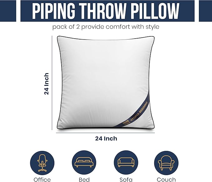 Utopia Bedding Throw Pillow Inserts (Pack of 2, White), 24 x 24 Inches Decorative Indoor Pillows for Sofa, Bed, Couch, Cushion Sham Stuffer