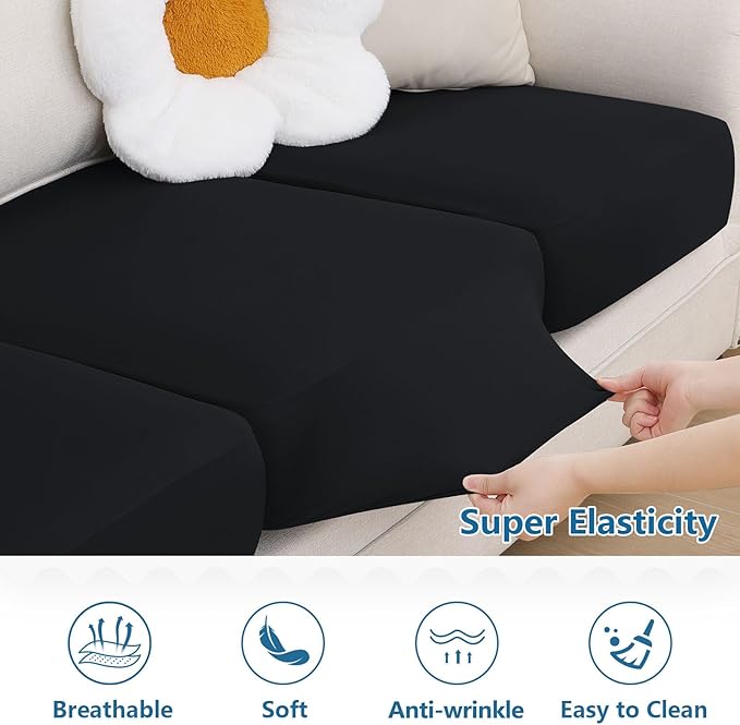 hyha Milk Silk Couch Cushion Covers, Soft Magic Sofa Covers Washable for 3 Cushion Couch, Stretch Sectional Outdoor Cushion Covers for Patio Furniture with Elastic Bottom(3 Packs, Black)