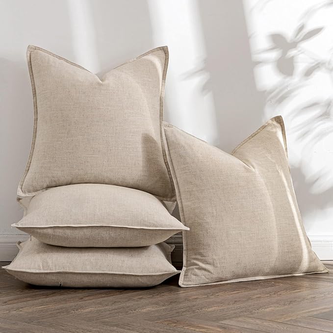 MIULEE Beige Linen Pillow Covers Pack of 4 Decorative Natural Solid Throw Pillow Covers Soft Accent Boho Farmhouse Couch Pillowcases Modern Spring Home Decors for Living Room Bed Sofa 18x18 Inch