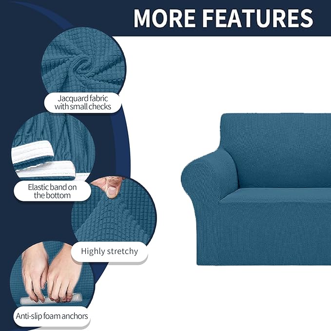 Cupuamon 2026 New Stretch Loveseat Sofa Slipcovers Couch Cover for 2 Cushion Furniture Protector Sofa Covers with Elastic Bottom Jacquard Fabric Small Checks for Pets, Kids - Peacock Blue