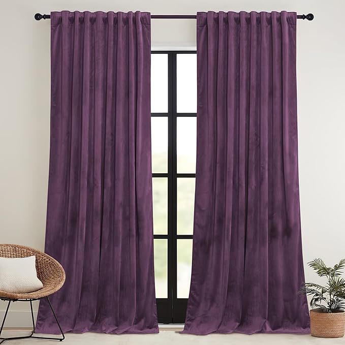 RYB HOME Purple Velvet Curtains 84 inches, Back Tab Soft Fabric Room Darkening Thermal Insulated Luxurious Home Decor Curtains for Living Room Bedroom, W 52" x L 84", 2 Panels Set