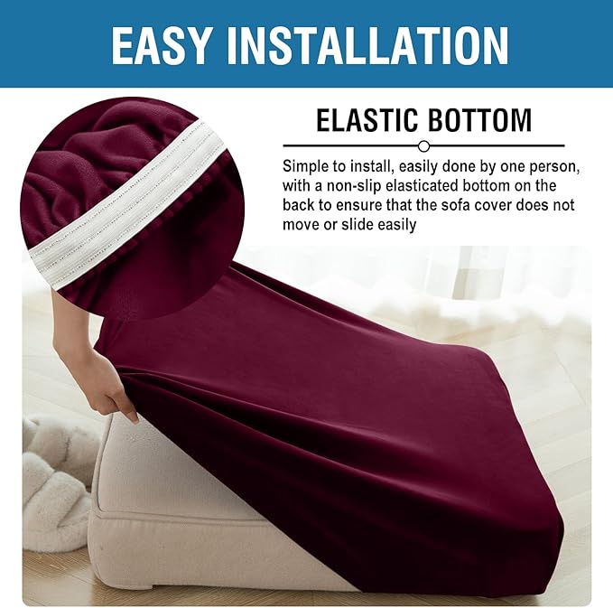 Couch Cover 4-Piece Elastic Velvet Couch Cushion Covers & Chaise Slipcovers for L-Shaped Sofas, Sofa Seat Covers Washable, Soft Cover for Couches (3 Seater + Chaise, Wine)