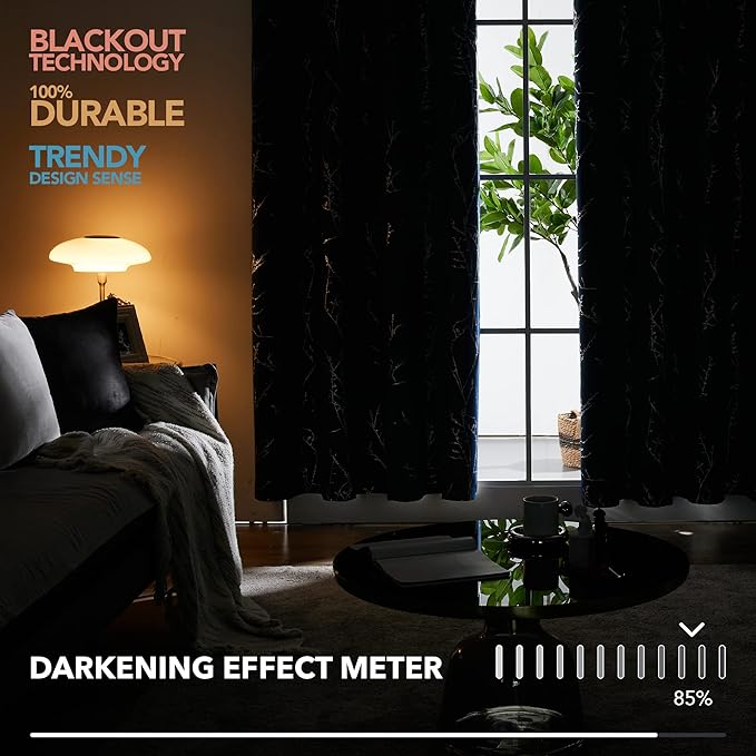 Deconovo Black Blackout Curtains, Thermal Insulated Soundproof Privacy Curtain Drapes, Branch Foil Print, 52 x 72 Inch Long, 2 Panels, Machine‑Washable Window Panel for Bedroom Living Room Office Home