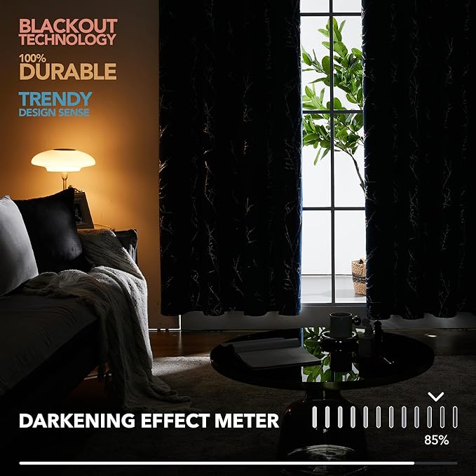 Deconovo Black Blackout Curtains, Thermal Insulated Soundproof Privacy Curtain Drapes, Branch Foil Print, 52 x 95 Inch Long, 2 Panels, Machine‑Washable Window Panel for Bedroom Living Room Office Home
