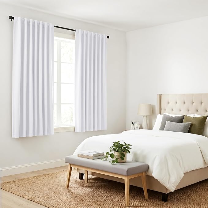 PONY DANCE 50% Blackout Window Curtain Panels - 42 W x 72 L Pure White Light Filtering Bedroom Drapes Blinds Back Tab & Rod Pocket Window Treatments Energy Saving for Living Room, 2 Pieces