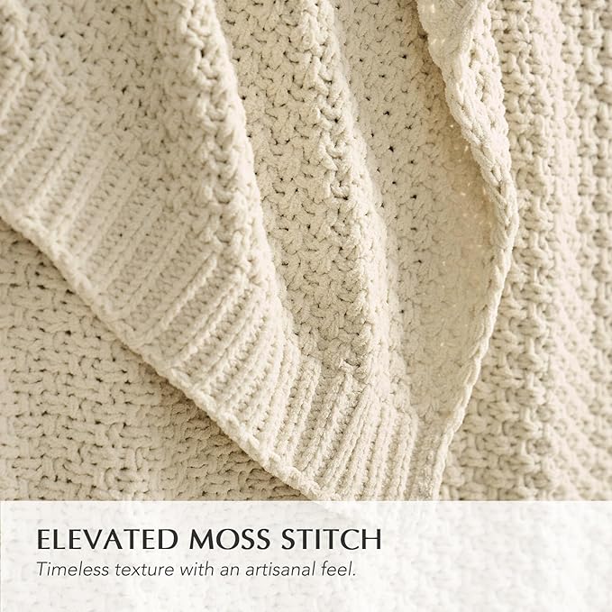 EVERGRACEHOME Chunky Chenille Knit Throw Blanket for Couch, Soft Luxurious Oversized Queen Moss Stitch Blanket for Bed, Cozy Farmhouse Knitted Throw for Sofa, Beige, 90" x 90"