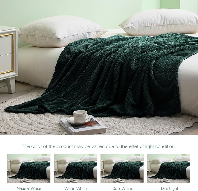 Exclusivo Mezcla Fleece Twin Size Blanket for Bed, 60x80 Inches Soft Cozy Jacquard Flannel Blankets, Lightweight Fuzzy Plush Warm for Women, Forest Green
