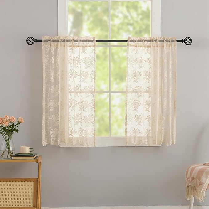 YJ YANJUN Vintage Lace Curtains 24 inch Length 2 Panles Short Sheer Cafe Curtains for Windows, Light Filtering, Half Window Curtain for Laundry Room Basement Bathroom KIitchen Cabinets 26 x24 Inches