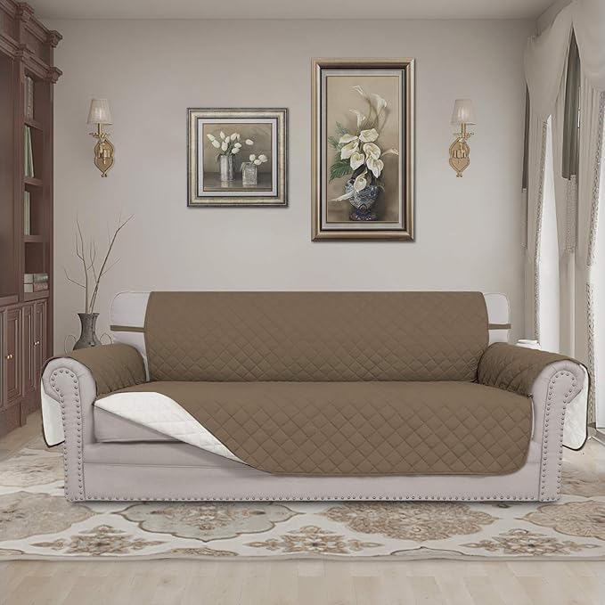 Easy-Going 4 Seater Sofa Slipcover Reversible Sofa Cover Water Resistant Couch Cover with Foam Sticks Elastic Straps Furniture Protector for Pets Children Dog Cat (XX-Large, Camel/Ivory)