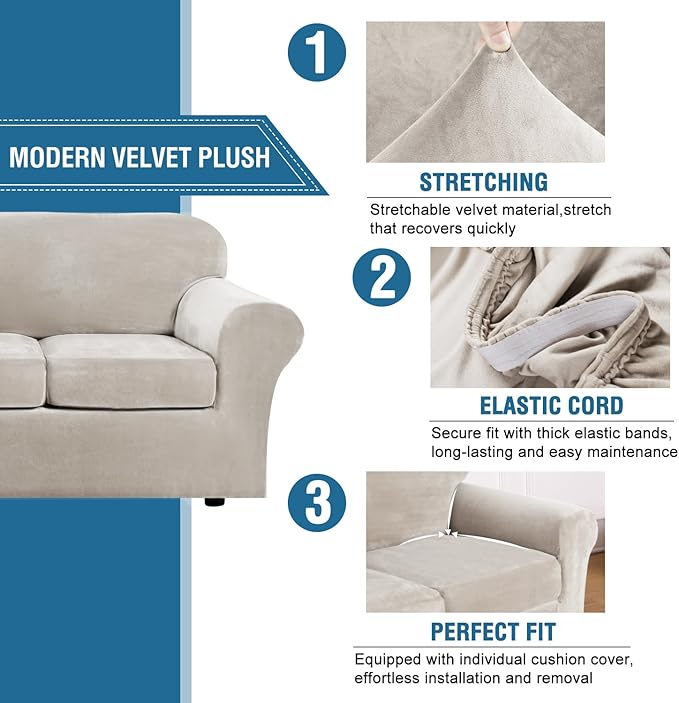 H.VERSAILTEX Velvet 4 Piece High Stretch Sofa Slipcover Cover Furniture Protector Form Fit Luxury Thick Velvet Extra Large Sofa Cover for 3 Cushion Couch Width Up to 105 Inch (XL Sofa, Oatmeal)