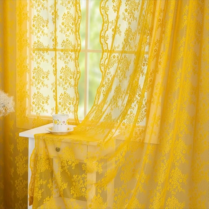 YJ YANJUN Vintage Lace Curtains 84 Inches Long-Victorian Floral Pattern Boho Mustard Yellow Sheer Curtain Panels for Living Room Bedroom,Light Filtering, Dark Gold Summer Drapes 2 Panels 52W x 84L