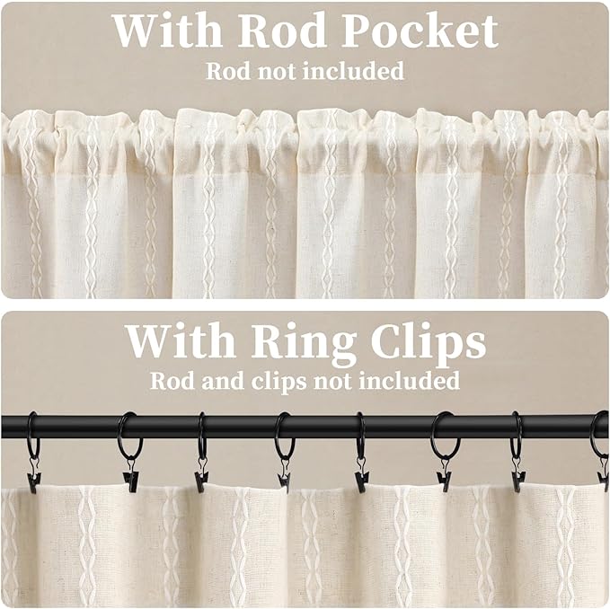 Boho Kitchen Valance for Windows, Beige Linen Blend Textured Fabric with Cotton Embroidery Vintage Western Rustic Style Light Filtering Rod Pocket Window Treatment, 52 x 18 Inch, 1 Panel