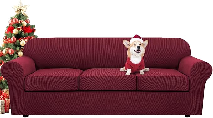 H.VERSAILTEX 4 Piece Stretch Sofa Covers for 3 Cushion Couch Covers for Living Room Furniture Slipcovers (Base Cover Plus 3 Seat Cushion Covers) Upgraded Thicker Jacquard Fabric (XL Sofa, Burgundy)